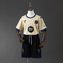 Kit Infantil Barcelona Away Bege e Preto – Uniforme de Futebol com Camisa e Shorts